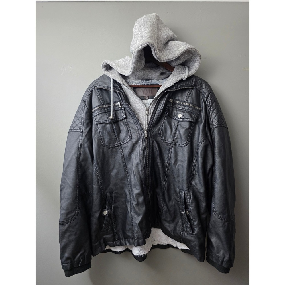 YMI Mens Faux Leather Jacket Black Removable Hood Faux Fur Lined 3XL Moto Coat